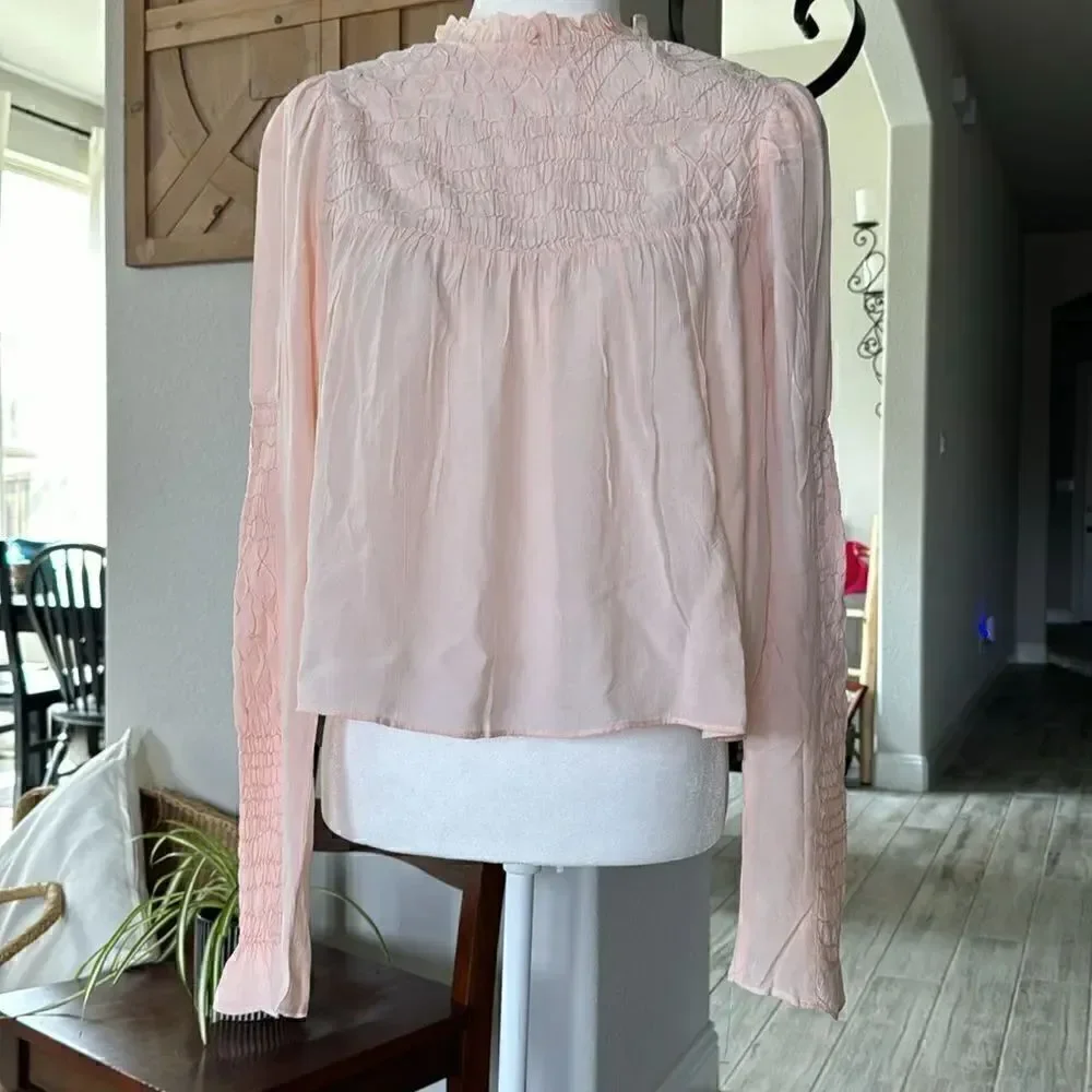 NWOT Free People Smocked In Time Top Ruffled High Neck Long Sleeves XS Feminine